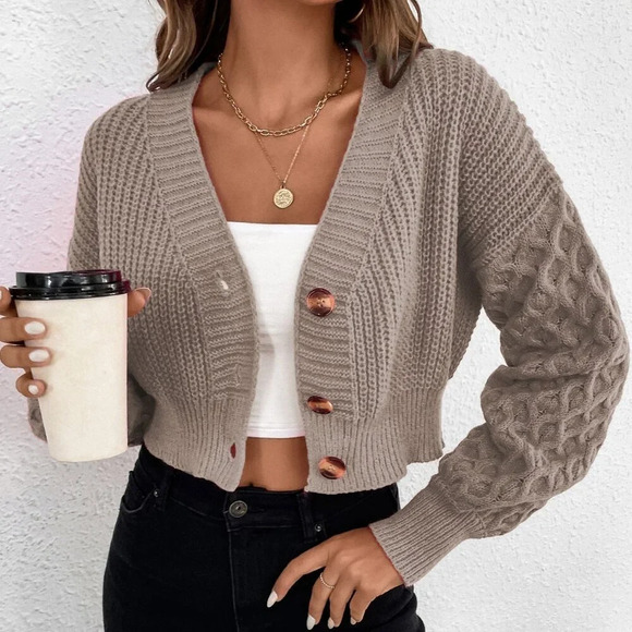 Khaki Casual Women's Cable Knit Drop Shoulder Cardigan - Picture 4 of 6